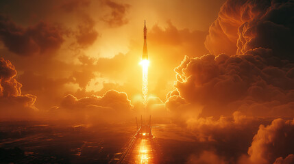 rocket launch from cosmodrome in steppe in summer at sunset - Powered by Adobe