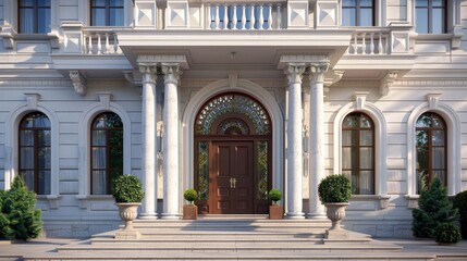 Fototapeta premium 3D rendering of an elegant house facade featuring a grand entrance, balcony, and stately pillars