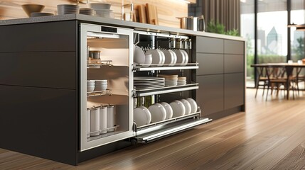 4K ultra HD perspective of a chic, large sliding cabinet in a kitchen, highlighting a smart plate organization - obrazy, fototapety, plakaty
