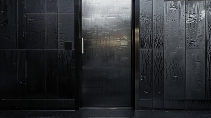 4K ultra HD shot capturing the sophisticated textures of a black glass front door in stunning detail - obrazy, fototapety, plakaty
