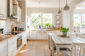 Scandinavian kitchen interior composition with dinner table, chairs, and kitchen decor. Generative AI