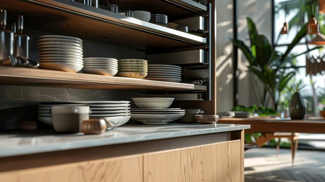 4K ultra HD perspective of a chic, large sliding cabinet in a kitchen, highlighting a smart plate organization