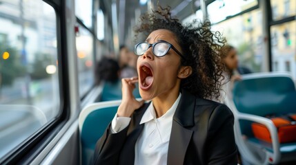 Tired businesswoman yawning on city tram. Professional life and urban commuting concept - obrazy, fototapety, plakaty