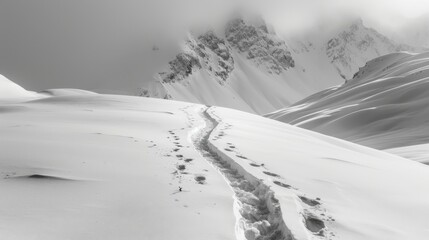 Fototapeta na wymiar A solitary path through the snow, emblematic of life's trek through hardship, leading to the vastness of adventure