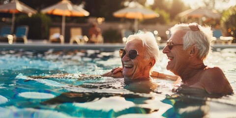 Joyful elderly couple in sunglasses relaxing in the pool at sunset - Powered by Adobe