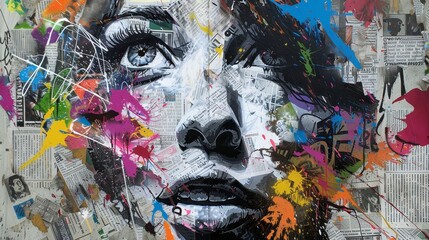 A woman's expressive face in graffiti, emerging from a patchwork of grunge newspapers and bursts of multicolored splashes