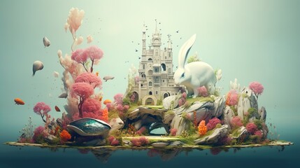 An enchanting fantasy island, brimming with lush flora and faunal elements around a majestic castle, overshadowed by a whimsical giant rabbit