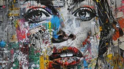 Fototapeta premium A woman's expressive face in graffiti, emerging from a patchwork of grunge newspapers and bursts of multicolored splashes