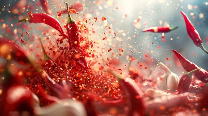 Explosion of red chilies and garlic in spices
