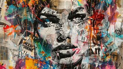 A woman's expressive face in graffiti, emerging from a patchwork of grunge newspapers and bursts of multicolored splashes