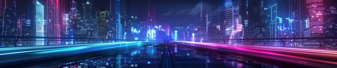 Fototapeta na wymiar Illuminated cyberpunk cityscape with light trails on highway. Nighttime neon urban background
