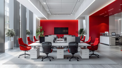 minimalist office environments with clean lines and modern furnishings, and plants, red elements