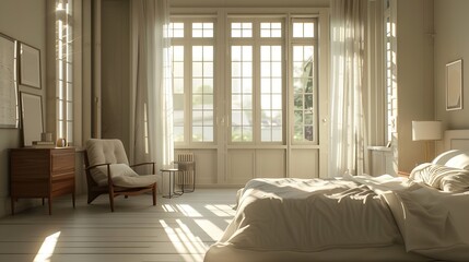 AI-generated artwork of a contemporary bedroom, featuring spacious French windows and minimalist decor