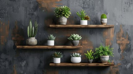 Beautiful plants in pots elegantly displayed on wooden shelves, a serene wall decoration idea