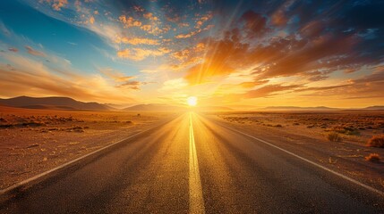 An open road through a barren desert at sunrise, calling for adventure, exploration, and navigating life's challenges - obrazy, fototapety, plakaty