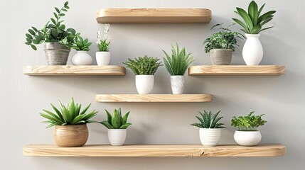 Beautiful plants in pots elegantly displayed on wooden shelves, a serene wall decoration idea - obrazy, fototapety, plakaty