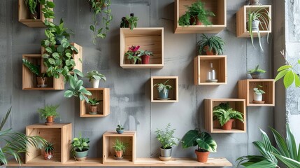 Chic wooden wall shelves dotted with exotic plants in stylish pots, elevating home aesthetics