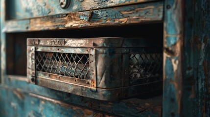 Close-up 4K shot of a rustic storage scene with a rusty metal basket in an old, weathered wooden drawer