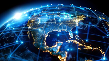 Close-up view on a globe digital display, with America at the core, representing global telecommunication networks