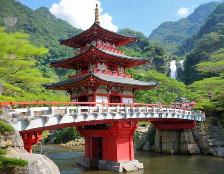 A serene image of a traditional red Japanese temple bridge, majestically spanning a river with a waterfall and lush greenery in the background.