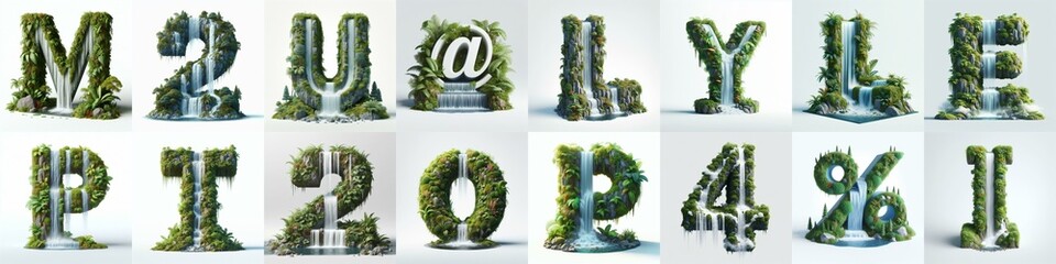 waterfall and lush lettering. AI generated illustration