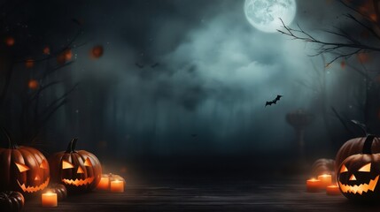 Pumpkins and bats on a dark background. Halloween holiday concept.