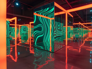 A room with a lot of mirrors and neon lights. The room is very colorful and has a futuristic feel to it
