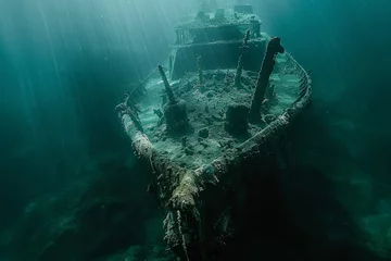 Zelfklevend Fotobehang A shipwreck is seen in the ocean with a lot of debris and fish swimming around it. Scene is eerie and mysterious, as the ship is long gone and the ocean is filled with life © Yuliia