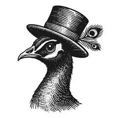 elegant peacock wearing vintage hat portrait sketch - obrazy, fototapety, plakaty