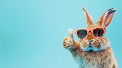 Deurstickers A stylish orange rabbit sporting pink sunglasses for a high-spirited and fashionable statement on a blue backdrop © Fxquadro