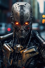 Fototapeta premium Close-up of a humanoid robot's steel head, highlighting its precise design and high-tech components.