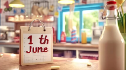 Obraz na płótnie Canvas Desk calendar with 1st June in handwritten style on a kitchen counter.