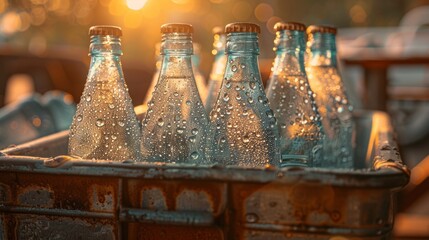 Chilled beer bottles with ice at golden hour. - obrazy, fototapety, plakaty