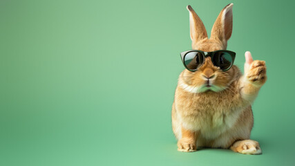 A fashionable rabbit gives a thumbs up while sporting sleek sunglasses on a refreshing green background