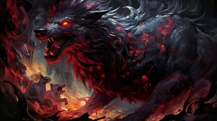 Digital art of a fierce wolf in combat, with a fiery mane and intense red eyes adding to its menacing aura - obrazy, fototapety, plakaty