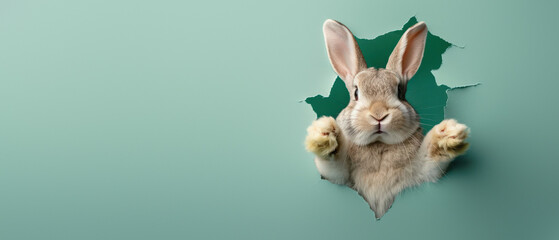 This engaging image captures a bunny with its front paws stretched out, breaking through a hole in...