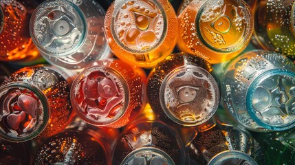 A close-up of a cluster of colorful soda bottles in different shapes and sizes