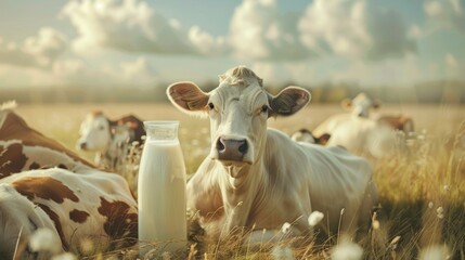 Cow lying in a field with a glass of milk. Rustic and agriculture concept for advertising, design, and print