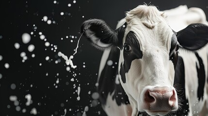 Black and white cow with milk splashes on a dark background. Studio animal portrait. Dairy farm and fresh milk concept