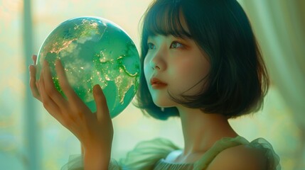 Woman with green-toned hair holds the globe, symbolizing eco-awareness in a surreal eco-friendly setting