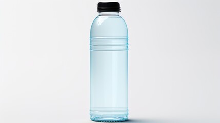 Close-up of a transparent plastic water bottle with a black cap on a white background, showcasing the purity and hydration concept