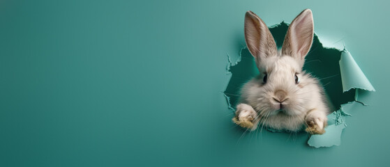 An energetic white bunny with ears at attention popping out of a jagged teal paper opening - obrazy, fototapety, plakaty