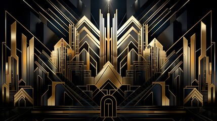 An elaborate depiction of symmetrical Art Deco elements in golden hues on a black backdrop for a luxurious vibe