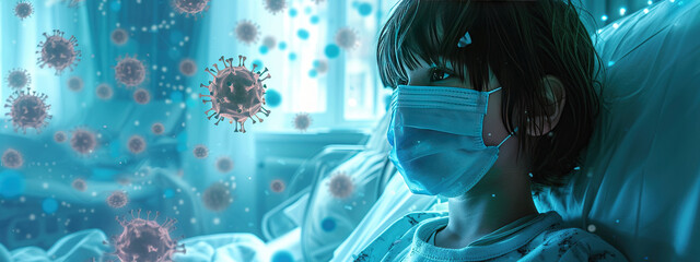 a child in a protective mask lies on a bed in a hospital - obrazy, fototapety, plakaty