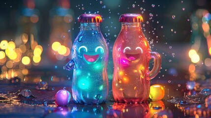 Two smiling soda bottles with condensation on a table in the rain.