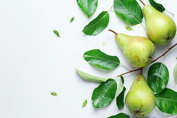 Green pears with leafs and copyspace for text on white background