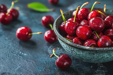 Fresh cherries in bowl on dark background