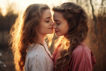 Heartwarming connection-loving girlfriends, surrounded by nature, express their love, anticipating a kiss with bright smiles. Concept: love for Valentine's Day and LGBT.