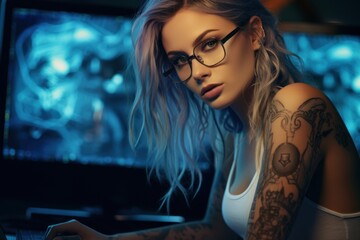Cyber elegance is a focused female hacker with tattoos, gazing enchanted at the camera, seamlessly combining technology with twilight charm. - Powered by Adobe