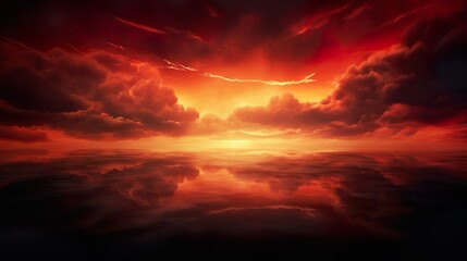 The sun setting in a fiery red sky filled with swirling clouds, mirrored in the water's surface for a captivating scene
